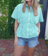 Anniewear - Striped Smocked Peplum Top