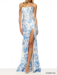 Sherri Hill Corset Bodice Floral Strapless Dress in ivory blue - women's dress