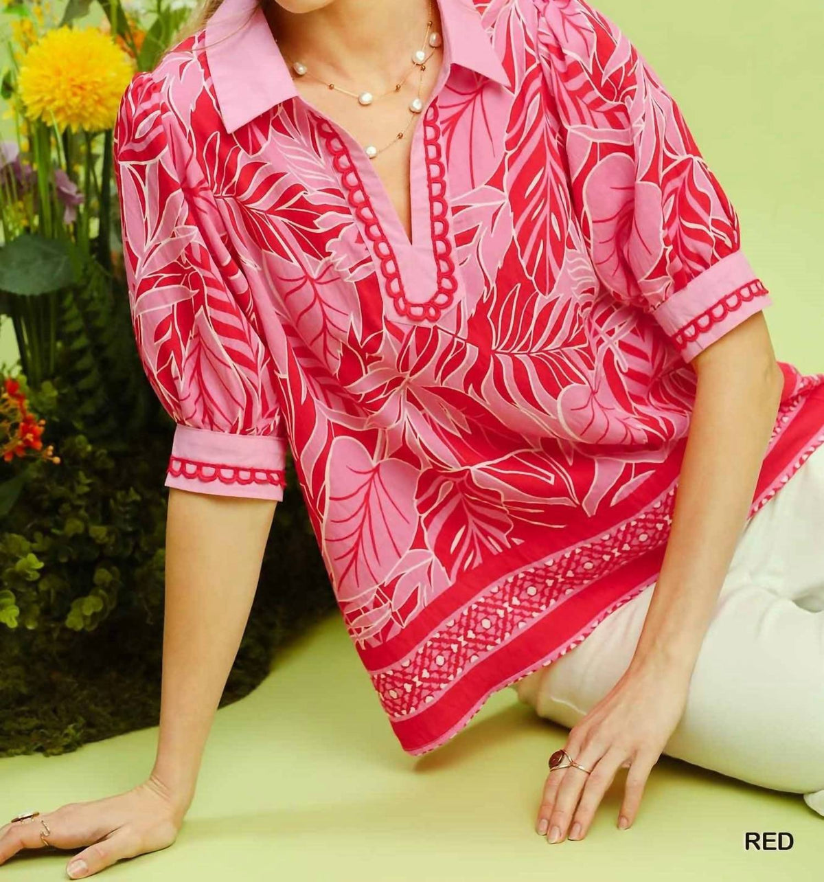 Umgee - Tropical Print Puff Sleeve Blouse
