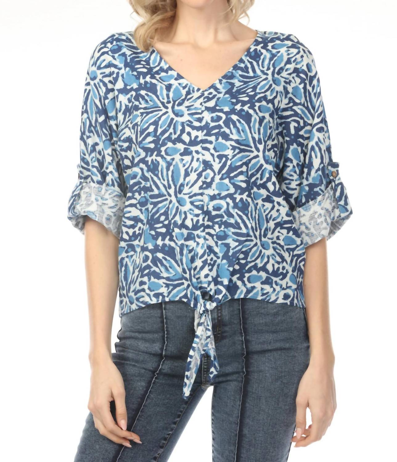 Charlie B - Printed Quarter Roll-up Sleeve Front Tie Top