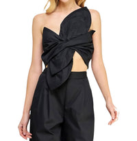 Strut & Bolt - One-Shoulder Knotted Flower Bow Crop Top & Pleat Detail Wide Leg Twill Pants