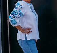 Multiples - 3/4 Puff Sleeve Embroidered Top