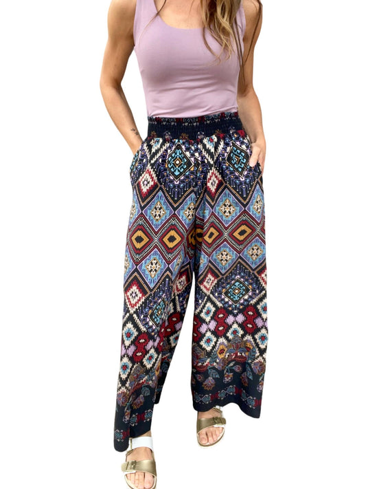 Haptics - SMOCKED WAIST BOHO PRINT PANTS