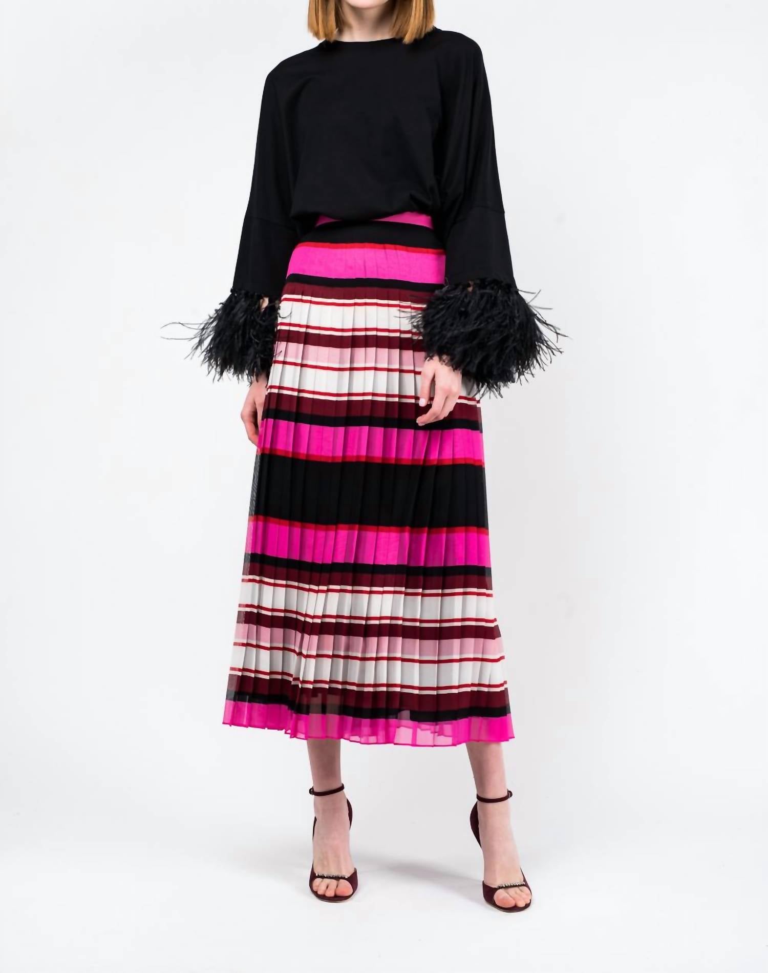 Valentino - Striped Pleated Silk Skirt