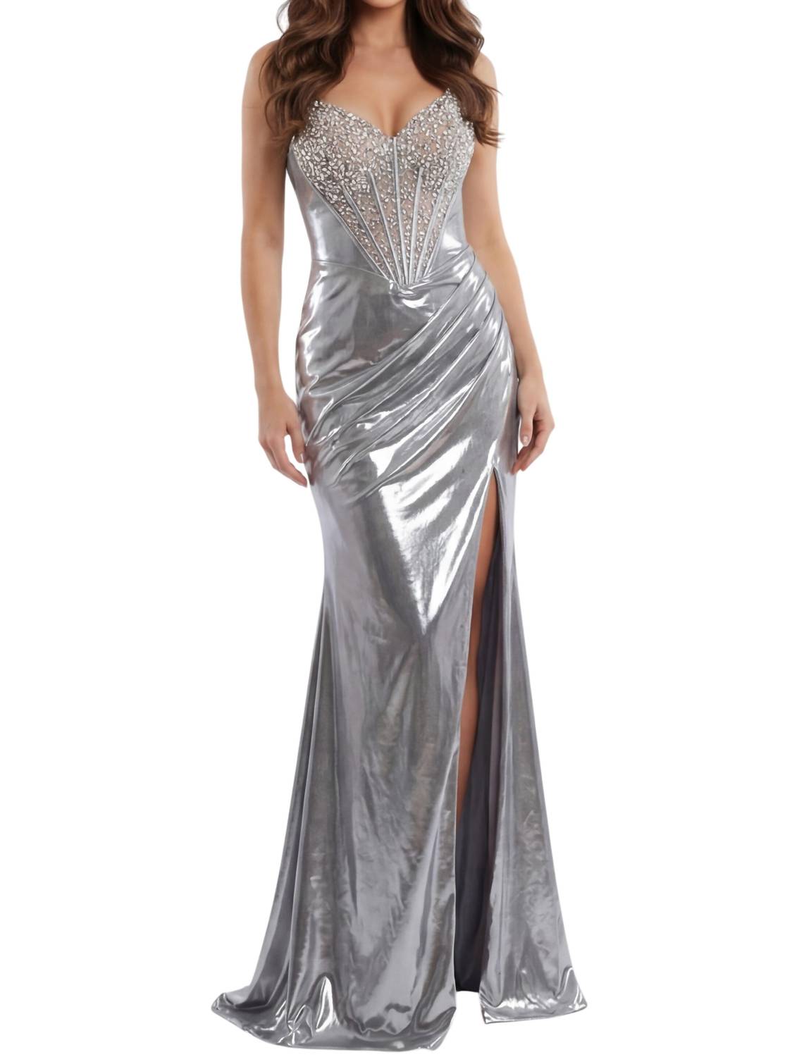 Jovani - Elegant Gown With Beaded Bustier And Thigh Slit