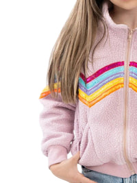 Tweenstyle - Rainbow Sequin Trim Zip Front Sherpa Jacket