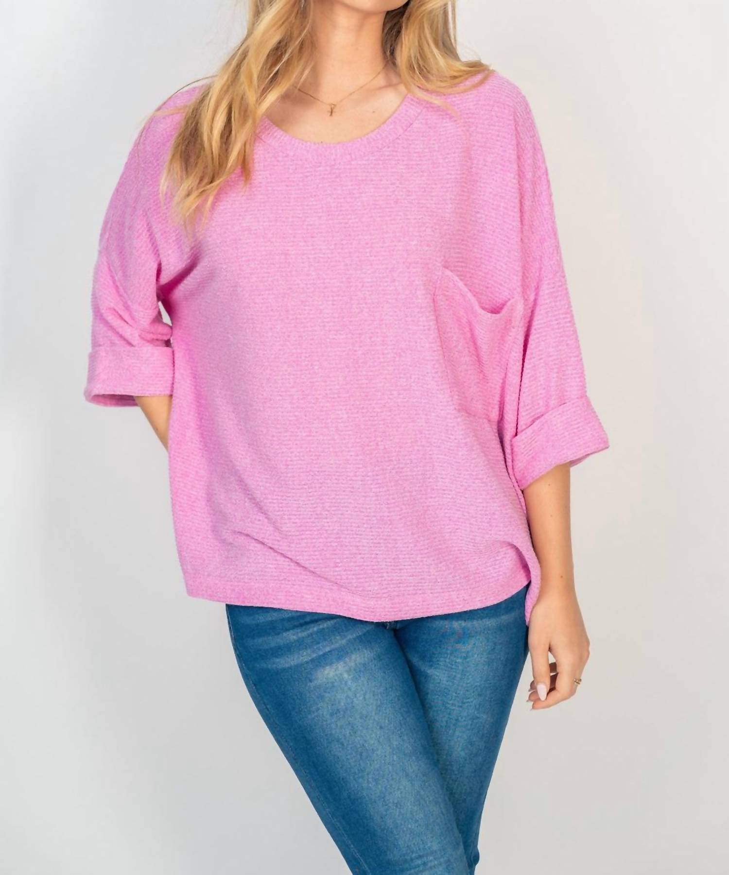 White Birch - Oversized Ribbed Knit Top With Pocket