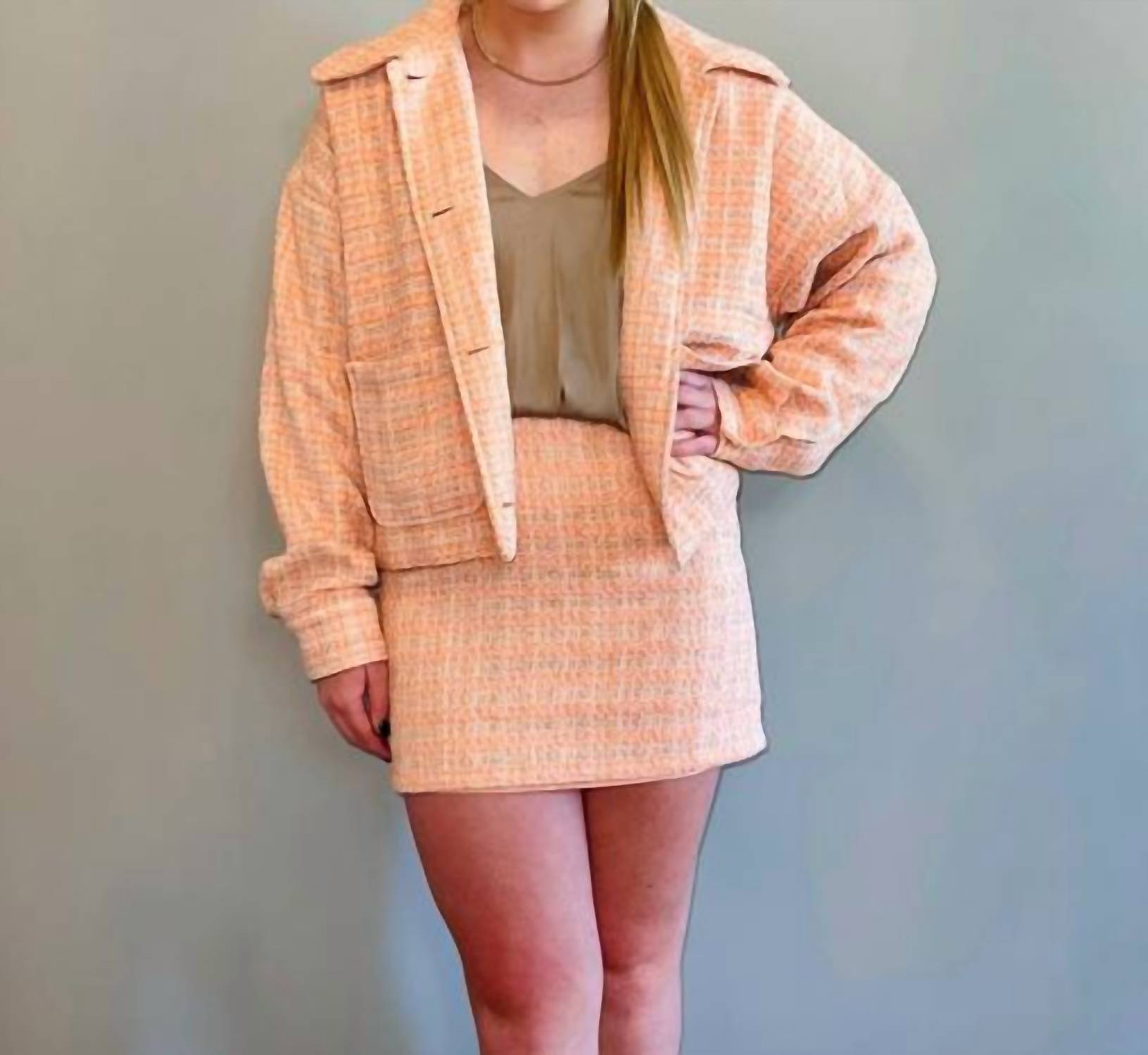 LE LIS Tweed Button Down Jacket in peach - women's jacket - detail view