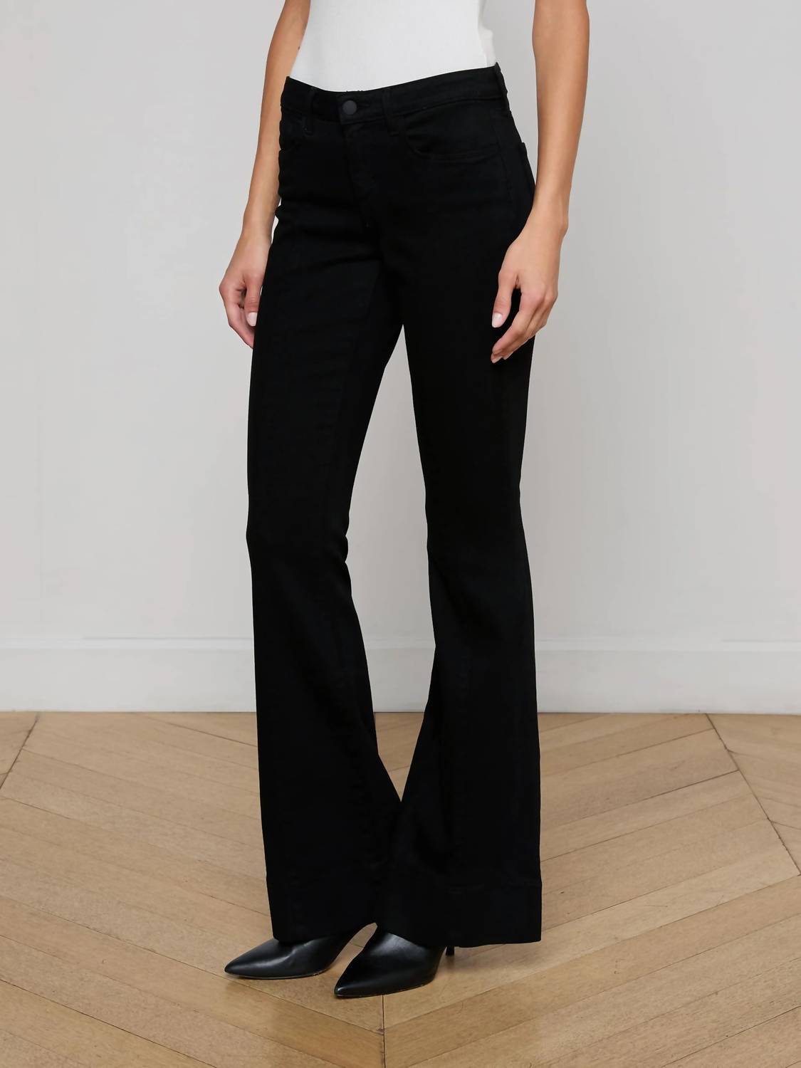 L'Agence Lenora Low Rise Seamed Flare Jeans in noir - women's jeans - detail view