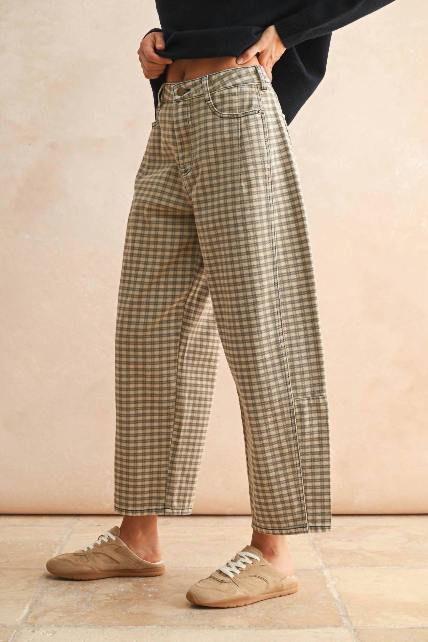 Miou Muse - Mini Checker Pattern Barrel Pants