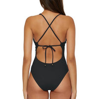 BECCA Women's Ribbed Plunge Neck Tie Back One Piece Swimsuit in black - women's swimwear - detail view