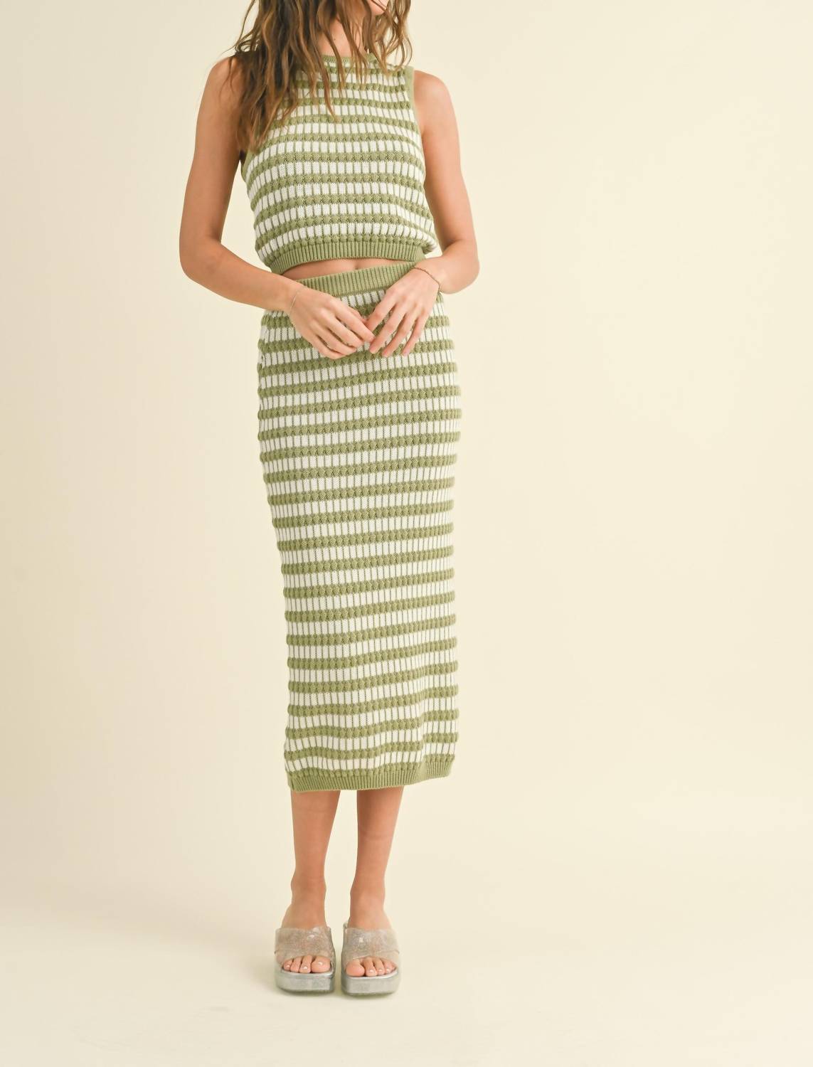 Miou Muse - Cucumber Lime Knit Bodycon Midi Skirt