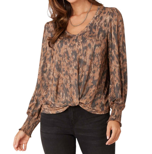 Democracy - Long Blouson Sleeve V-Neck Twisted Hem Printed Knit Top