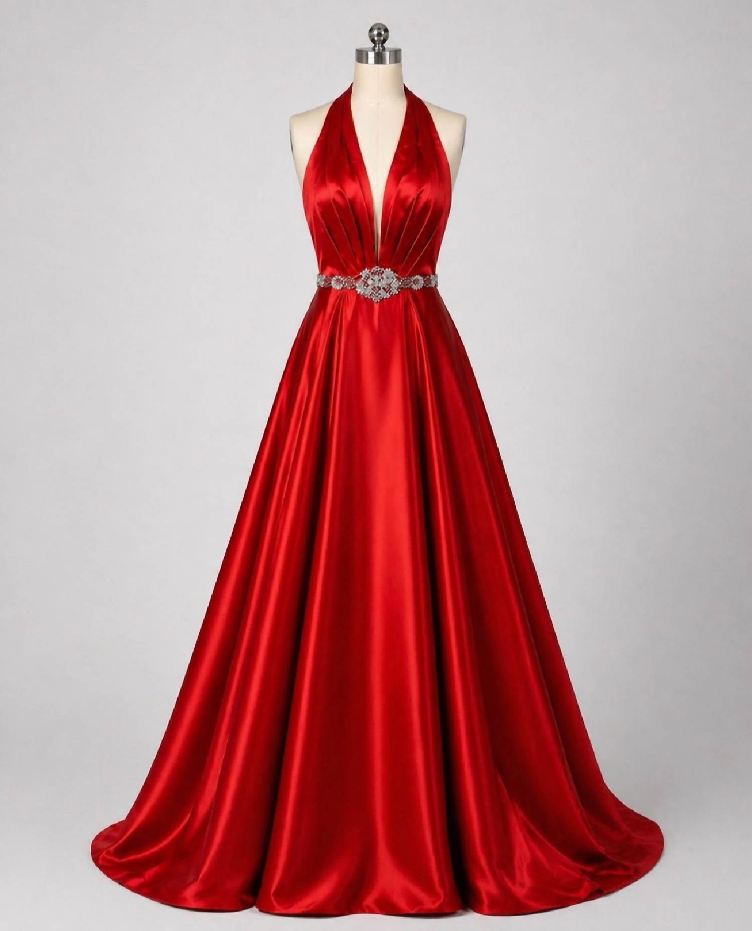 Sherri Hill Halter Beaded Waist Satin Formal Maxi Dress in red - women's dress - alternate view
