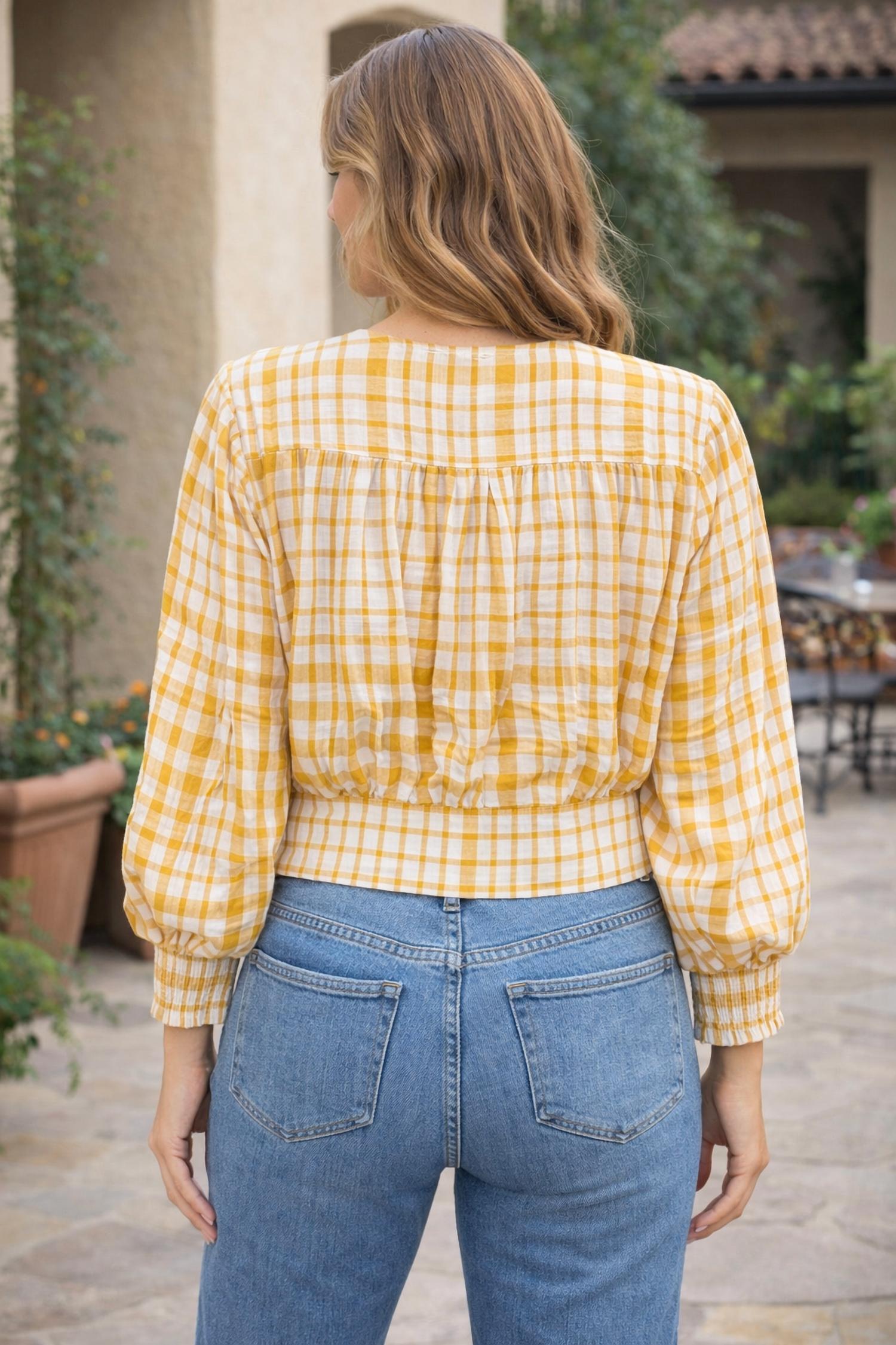 Joy Joy checkered crop top in mustard - women's shirt - detail view
