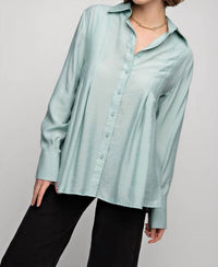 Easel Pleated Button Down Long Sleeve Shirt - Plus in dusty sage 1 - women's shirt