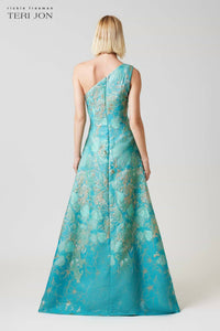 Teri Jon - Metallic Jacquard Floral One Shoulder Gown