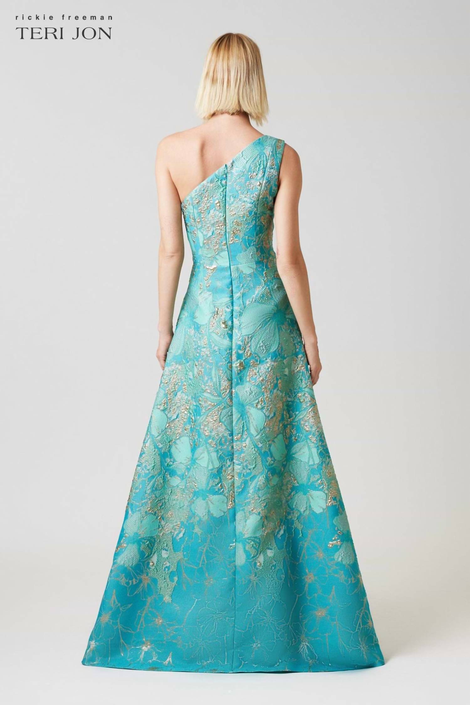 Teri Jon - Metallic Jacquard Floral One Shoulder Gown