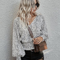 Mountain Valley - Leopard V-neck Smocked Long Sleeve Blouse