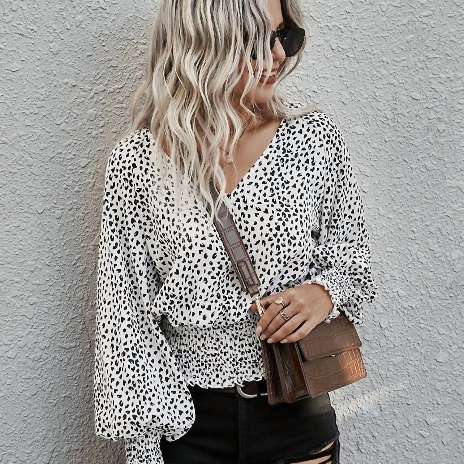 Mountain Valley - Leopard V-neck Smocked Long Sleeve Blouse