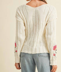 AnnieWear Long Sleeve With Flower Sweater Top in cream - women's sweater - detail view