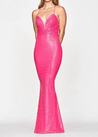FAVIANA Sequin Ruched Bodice X Back Gown in hot pink - women's dress