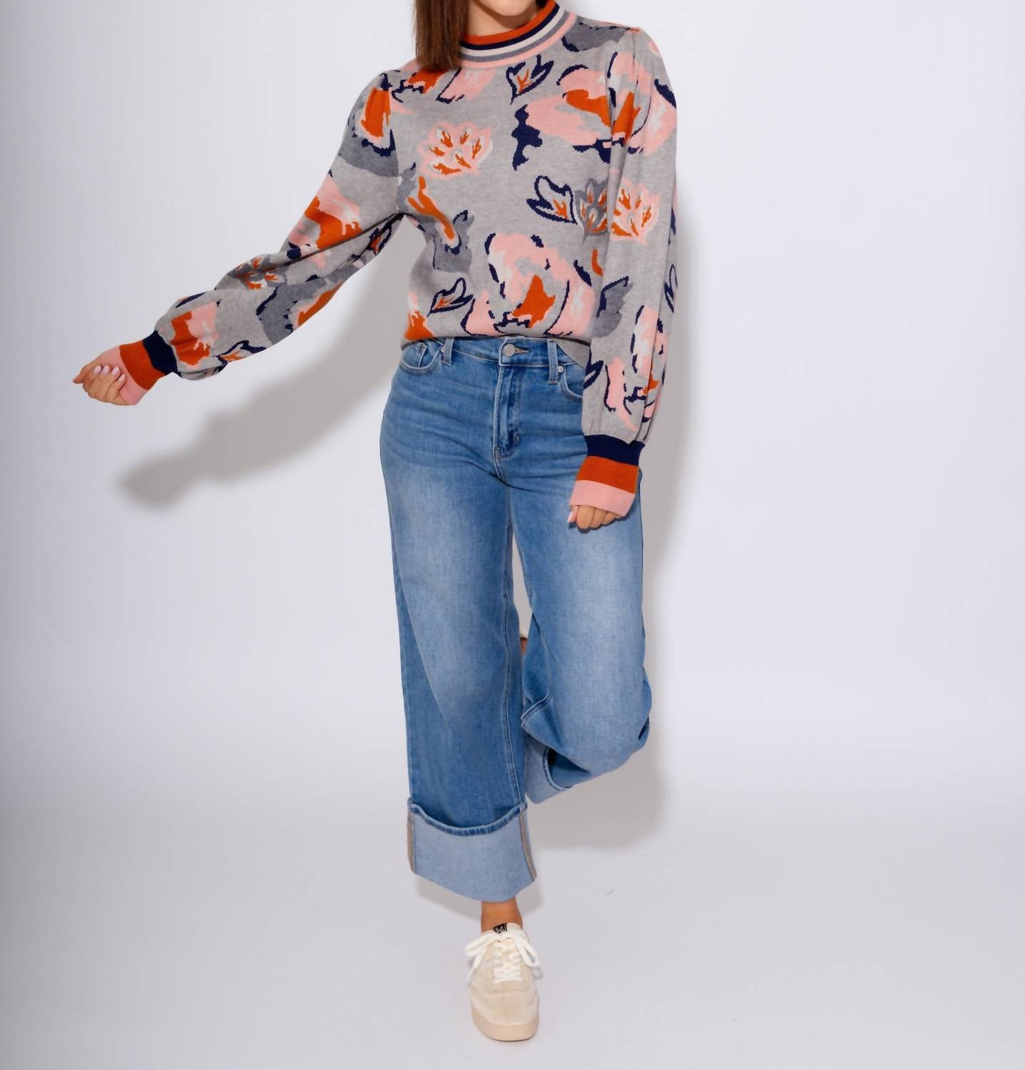 THML Abstract Floral Knit Sweater in grey - women's sweater - alternate view