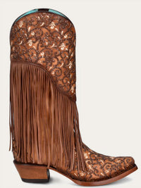 Corral - Women's Overlay White Embroidery Lamb Fringe Snip Toe Cowboy Boot