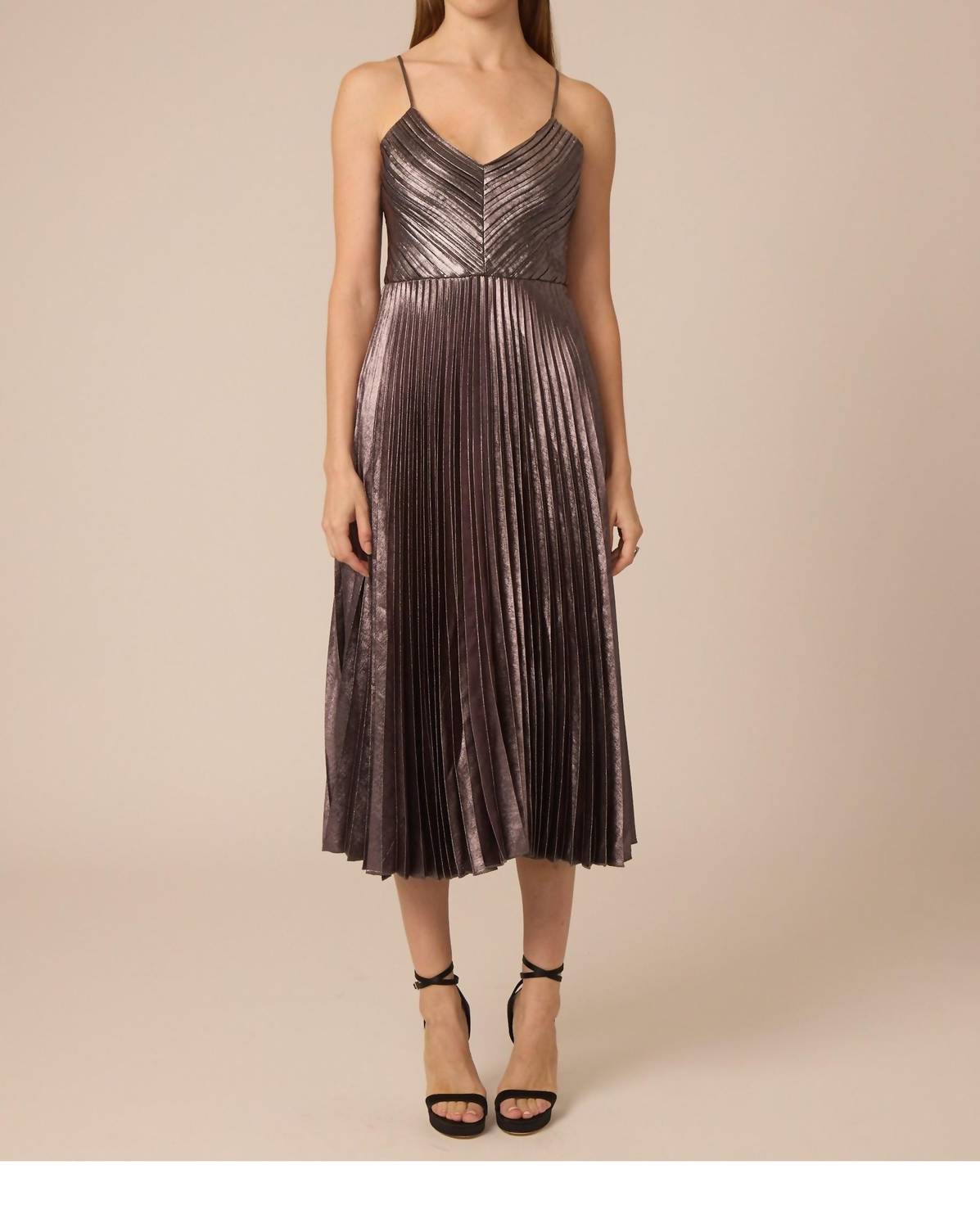 GILNER FARRAR Indie Midi Dress in silver metallic pleating - women's dress