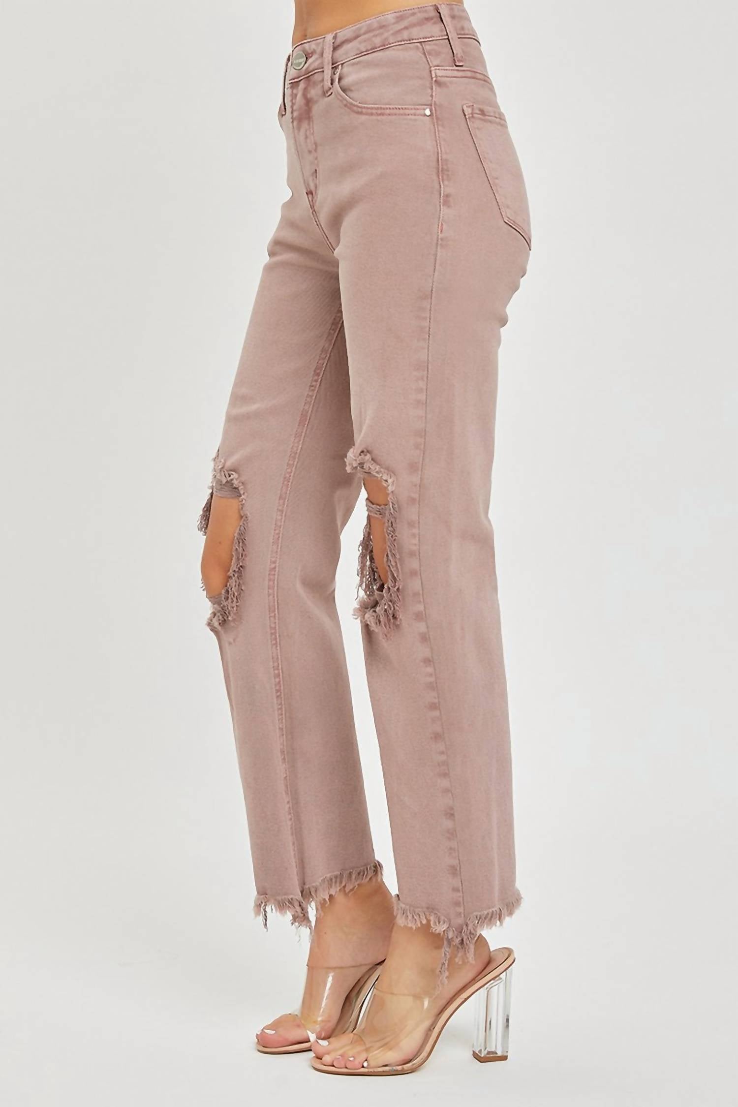 RISEN High Rise Knee Distressed Straight Pants in mauve - women's jeans - view 4