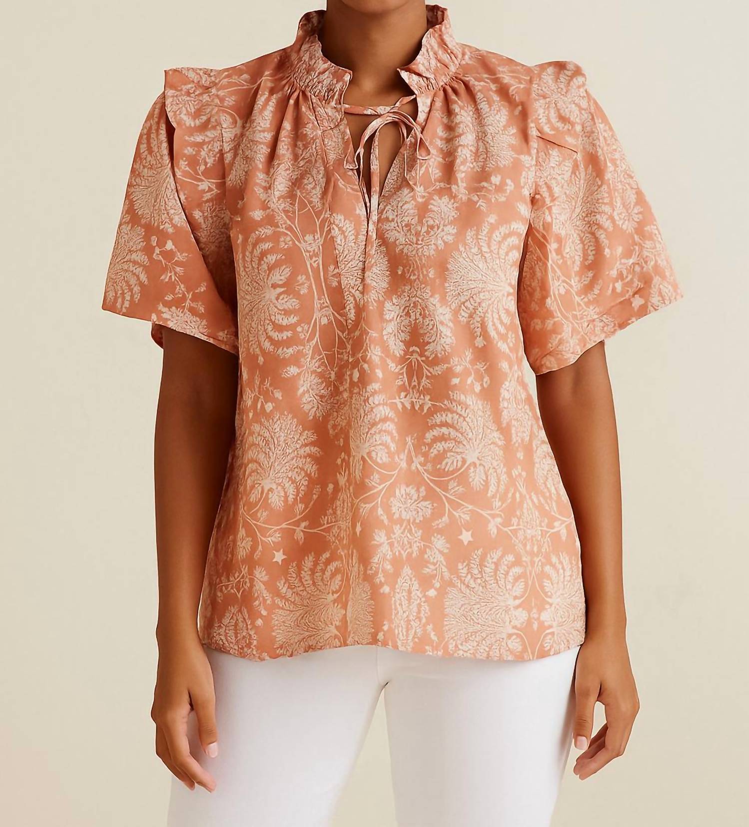 Sunshine Tienda Rose Gilded Palm Gemma Top in terracotta with ivory print - women's blouse