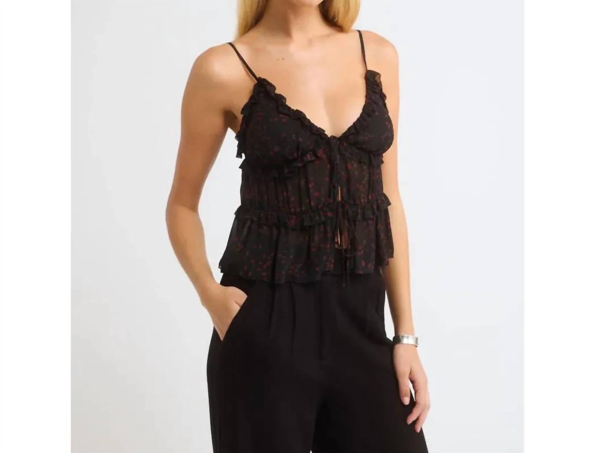 Rumored Samba Ruffled Strappy Camisole Top in black - women's shirt