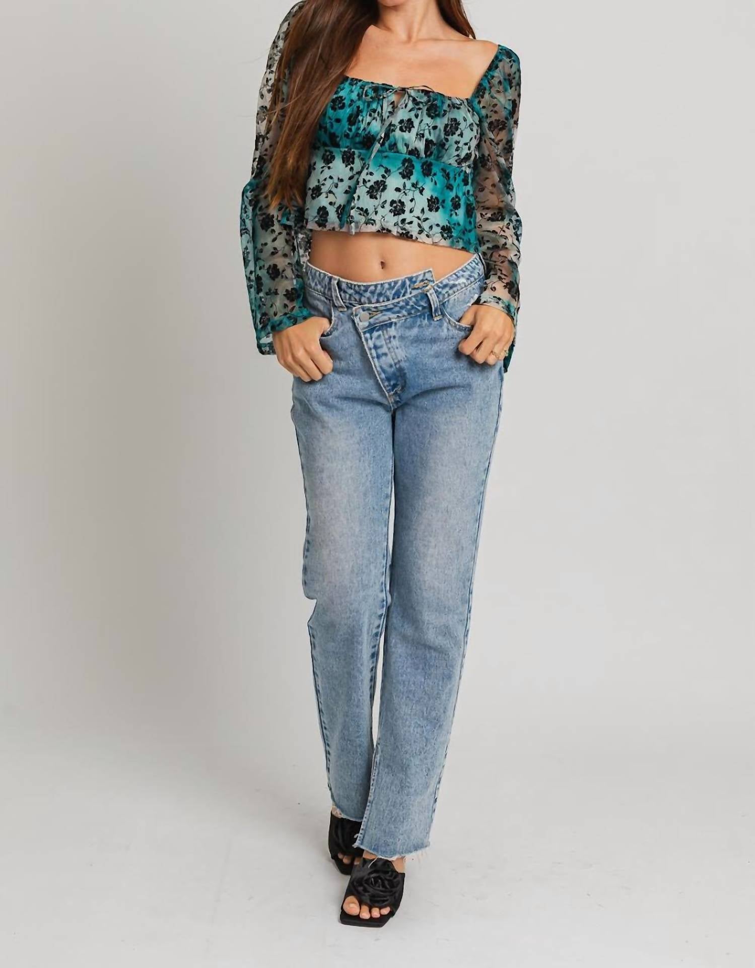 Le Lis - Long Sleeve Square Neck Floral Flocking Top