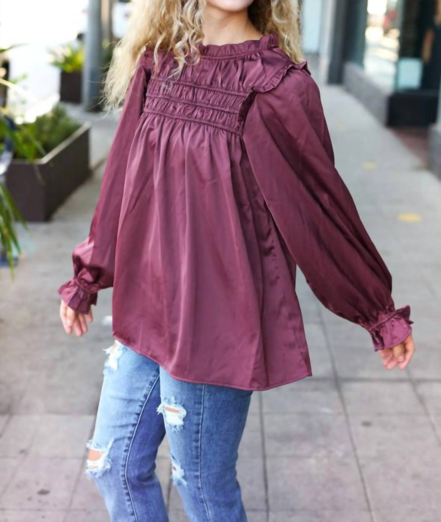 Haptics - Mock Neck Satin Long Sleeve Blouse