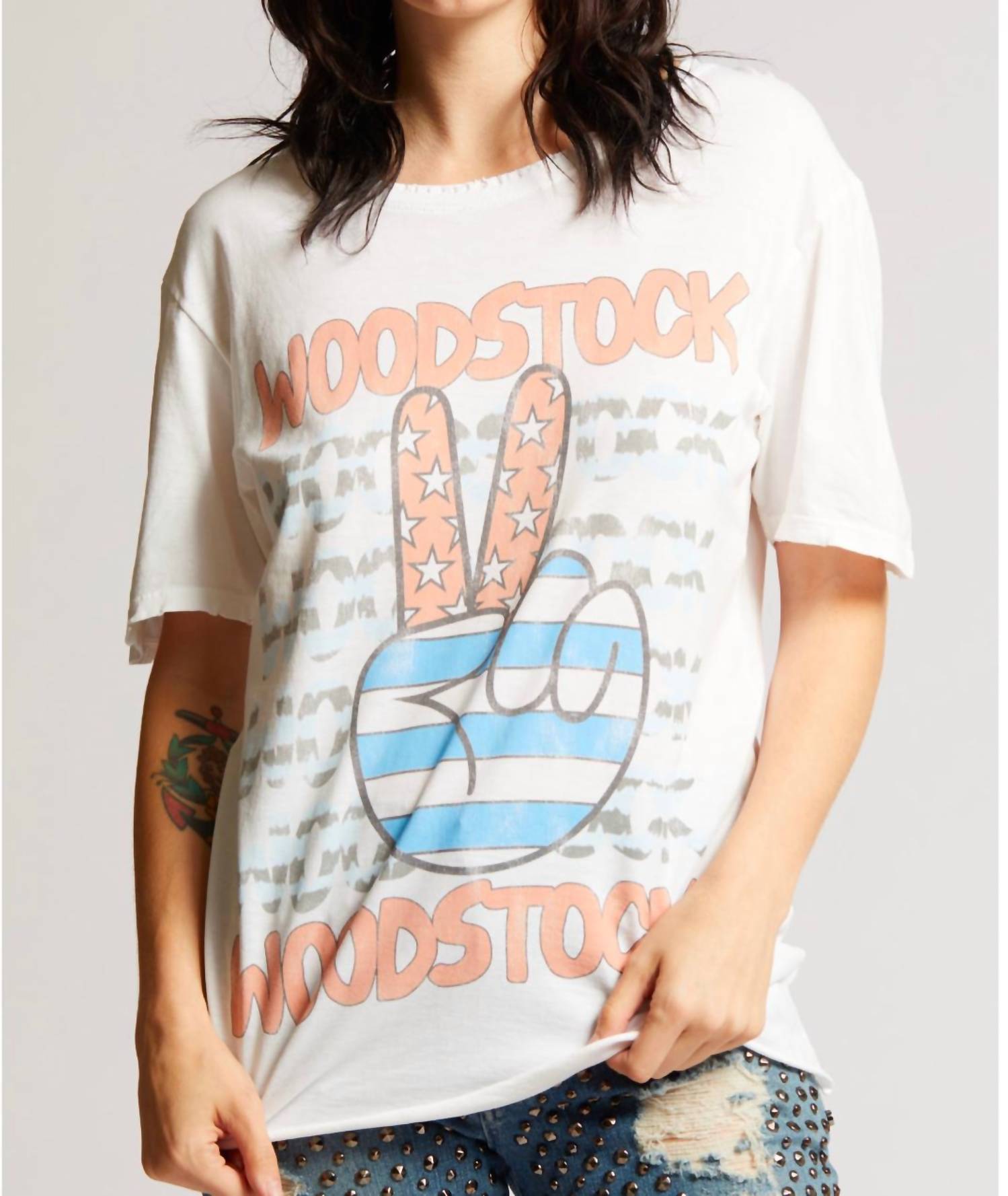 Recycled Karma Woodstock Stars & Stripes Peace Tee in white multi - women's t-shirt