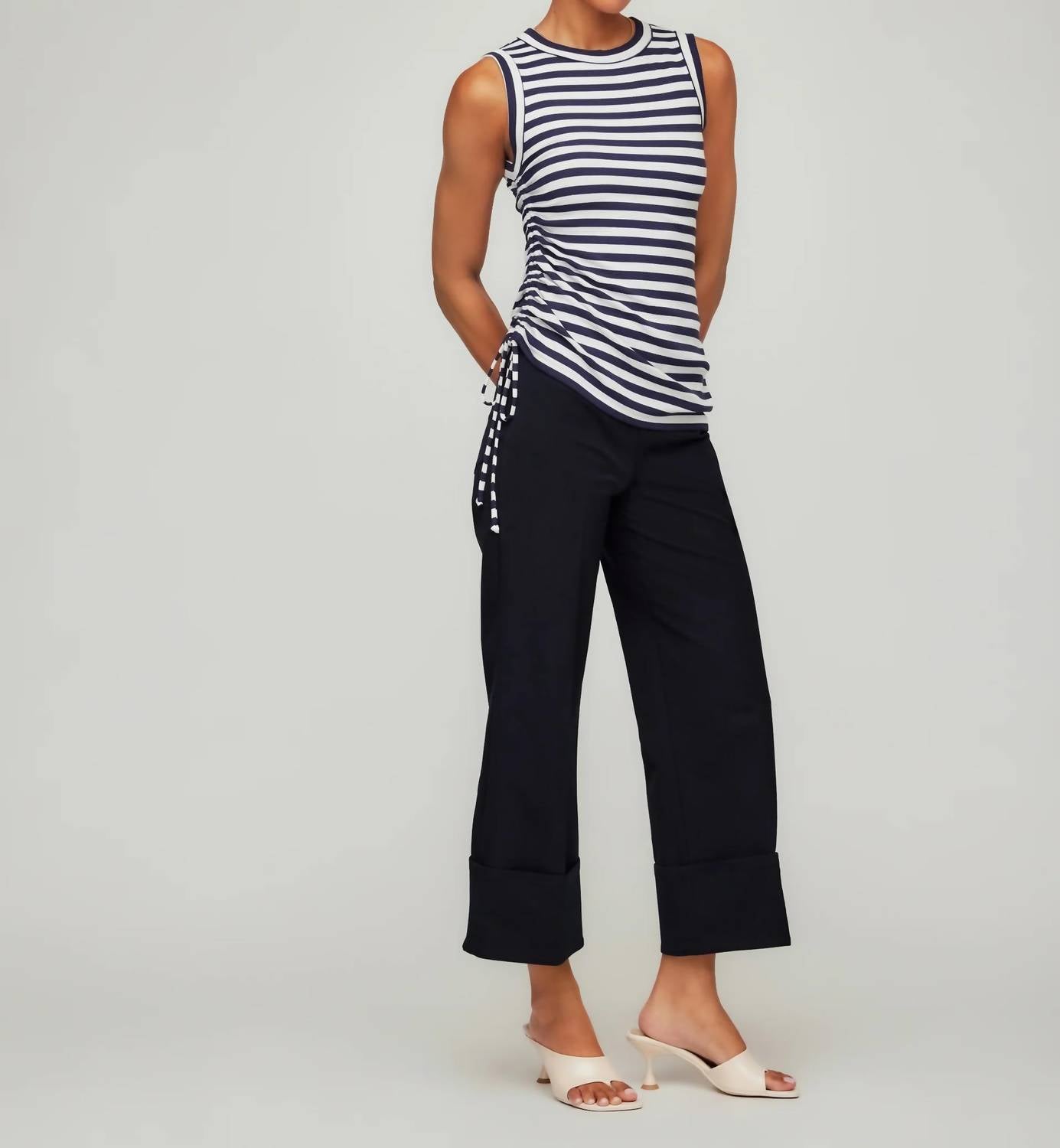 Fifteen Twenty Tia Side Shirred Top in navy with white - women's tank top