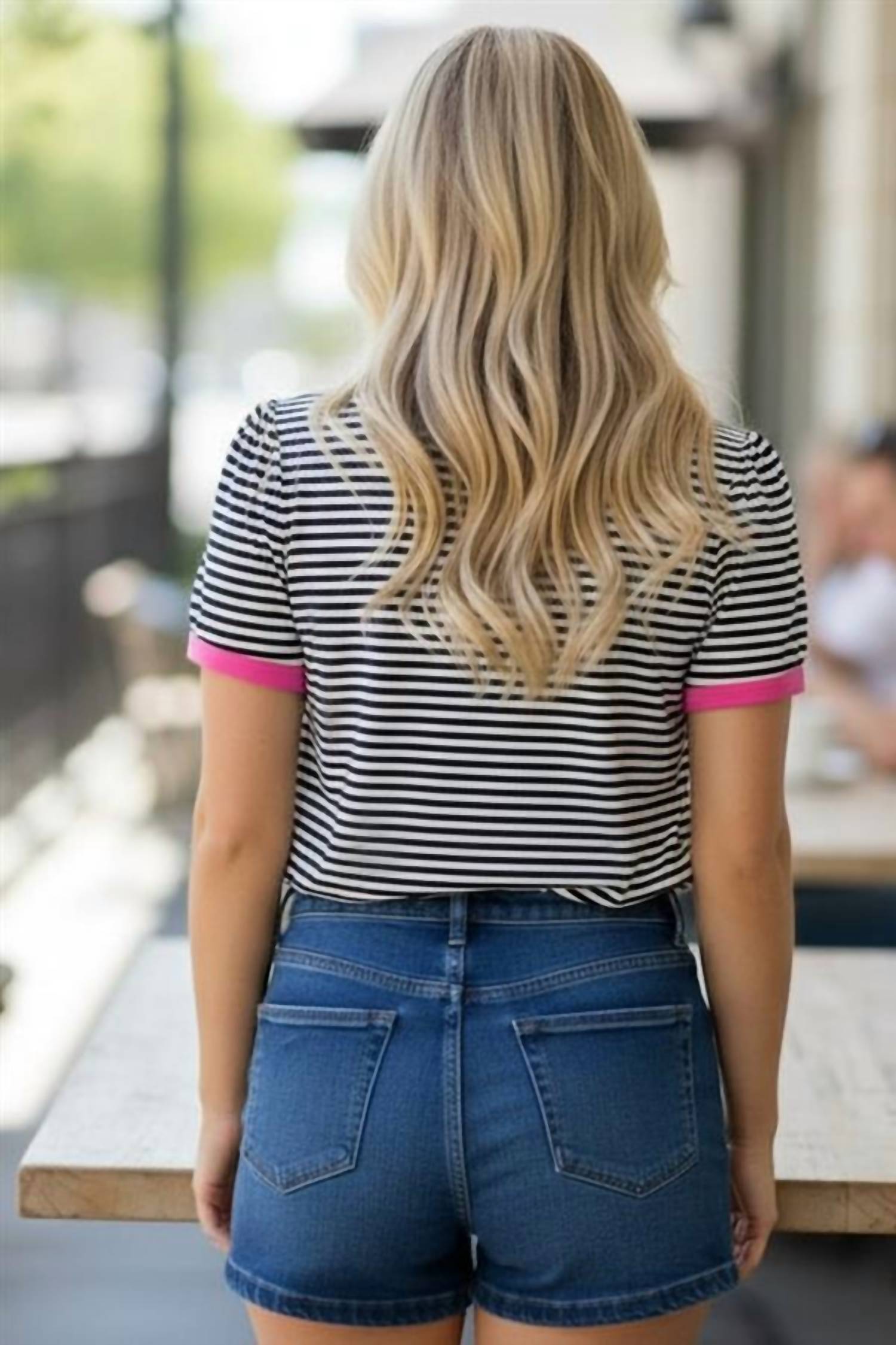 Stacatto - Striped Knit Puff Half Sleeve Top