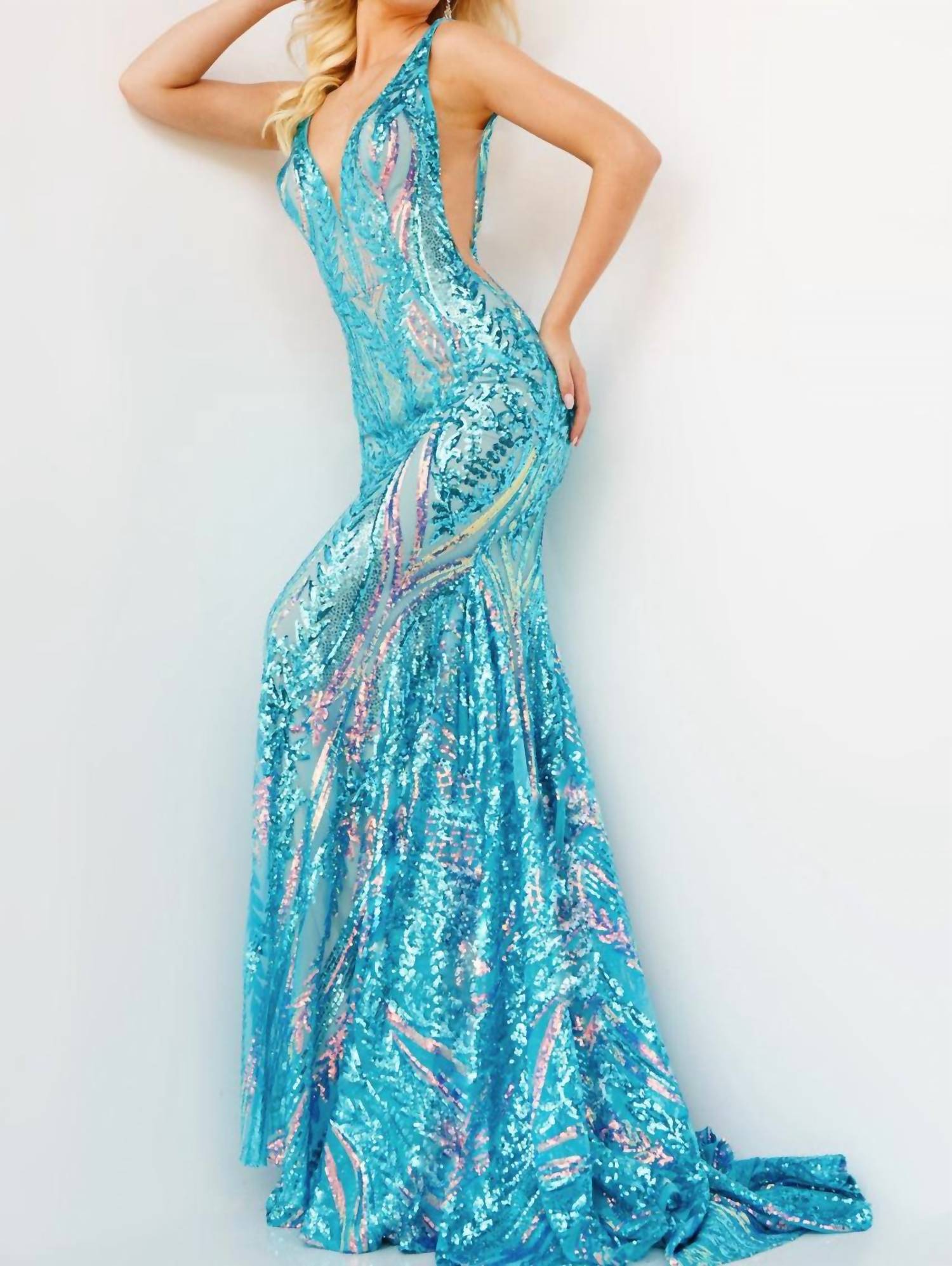 Jovani - V Neck Embellished Prom Maxi Dress