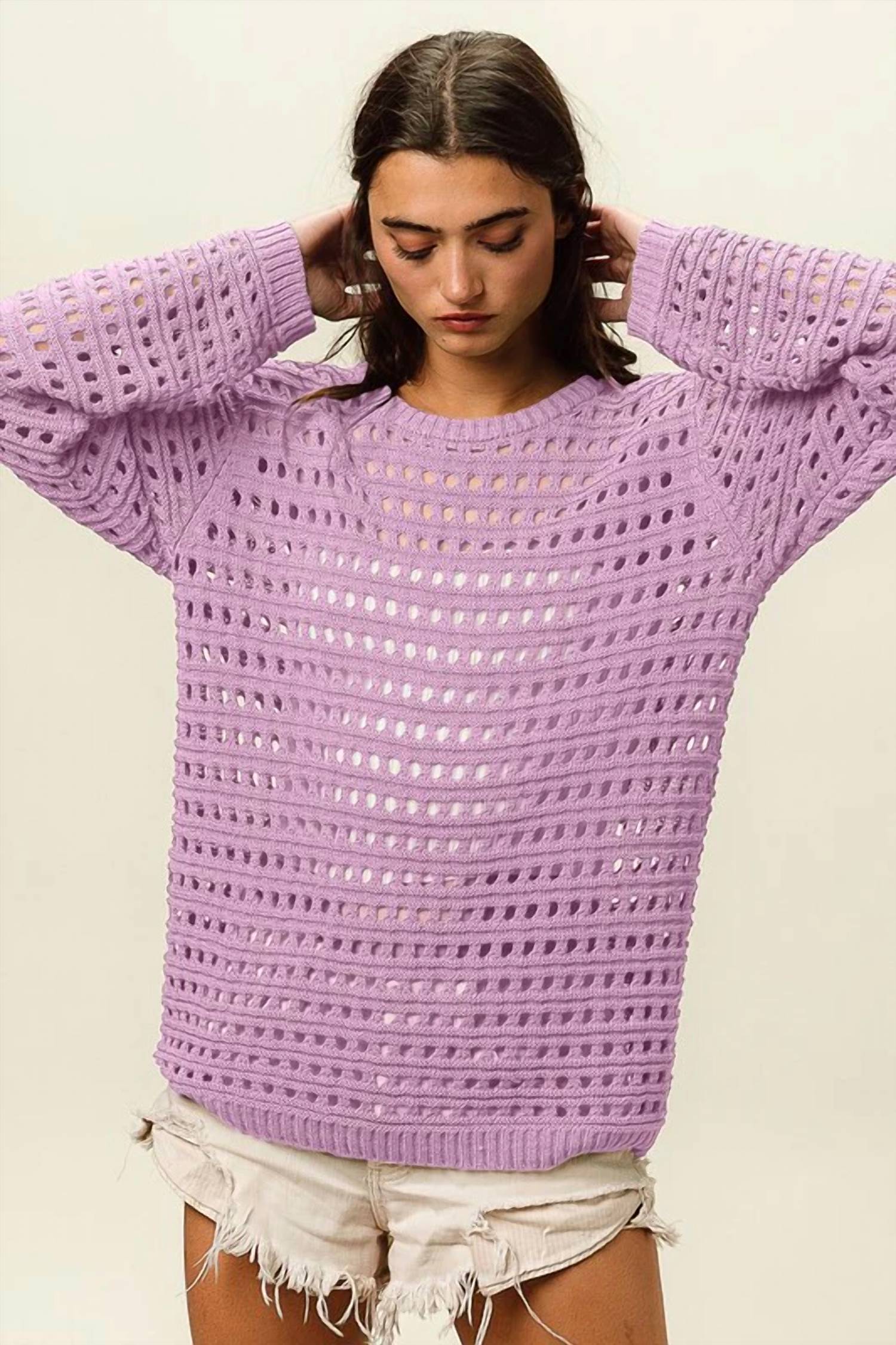 Bibi - Crew Neck Open Knit Sweater Top