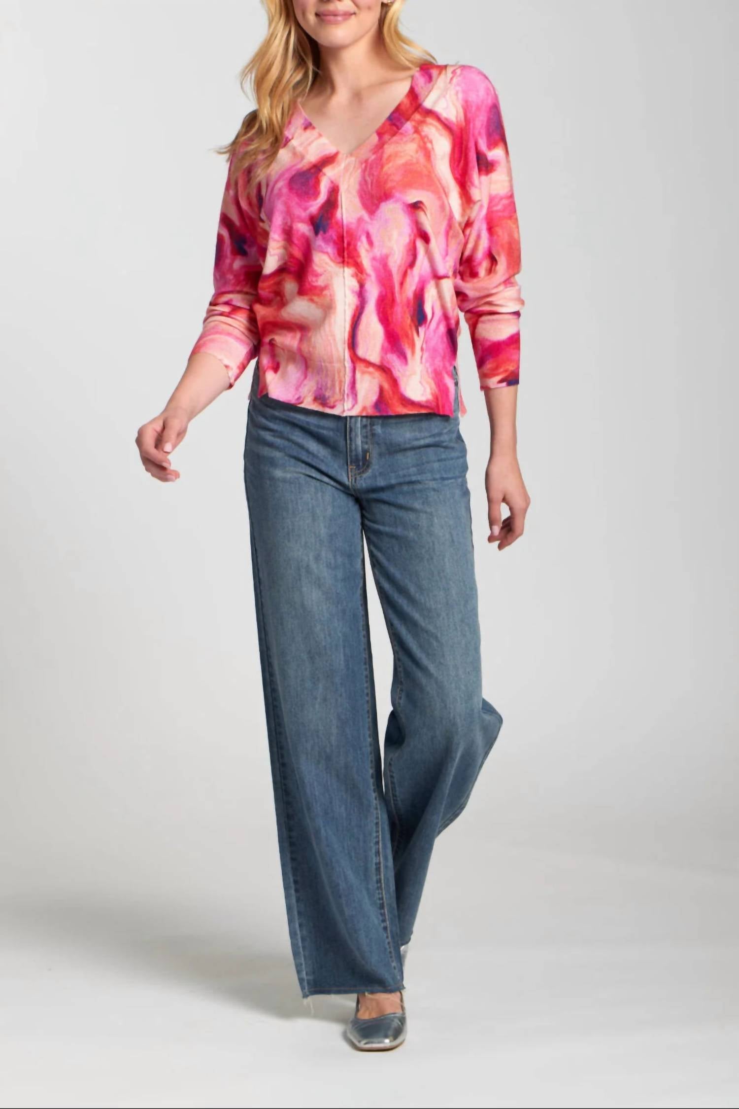 APNY Berry Marble Printed V-neck Pullover Top in pink - women's long sleeve top - view 4