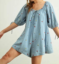 Miou Muse - EMBROIDERED DENIM ROMPER