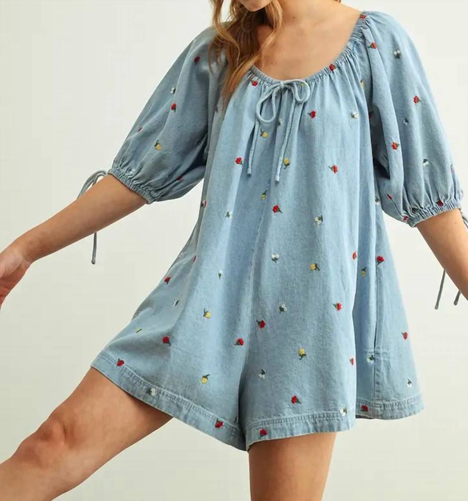 Miou Muse - EMBROIDERED DENIM ROMPER