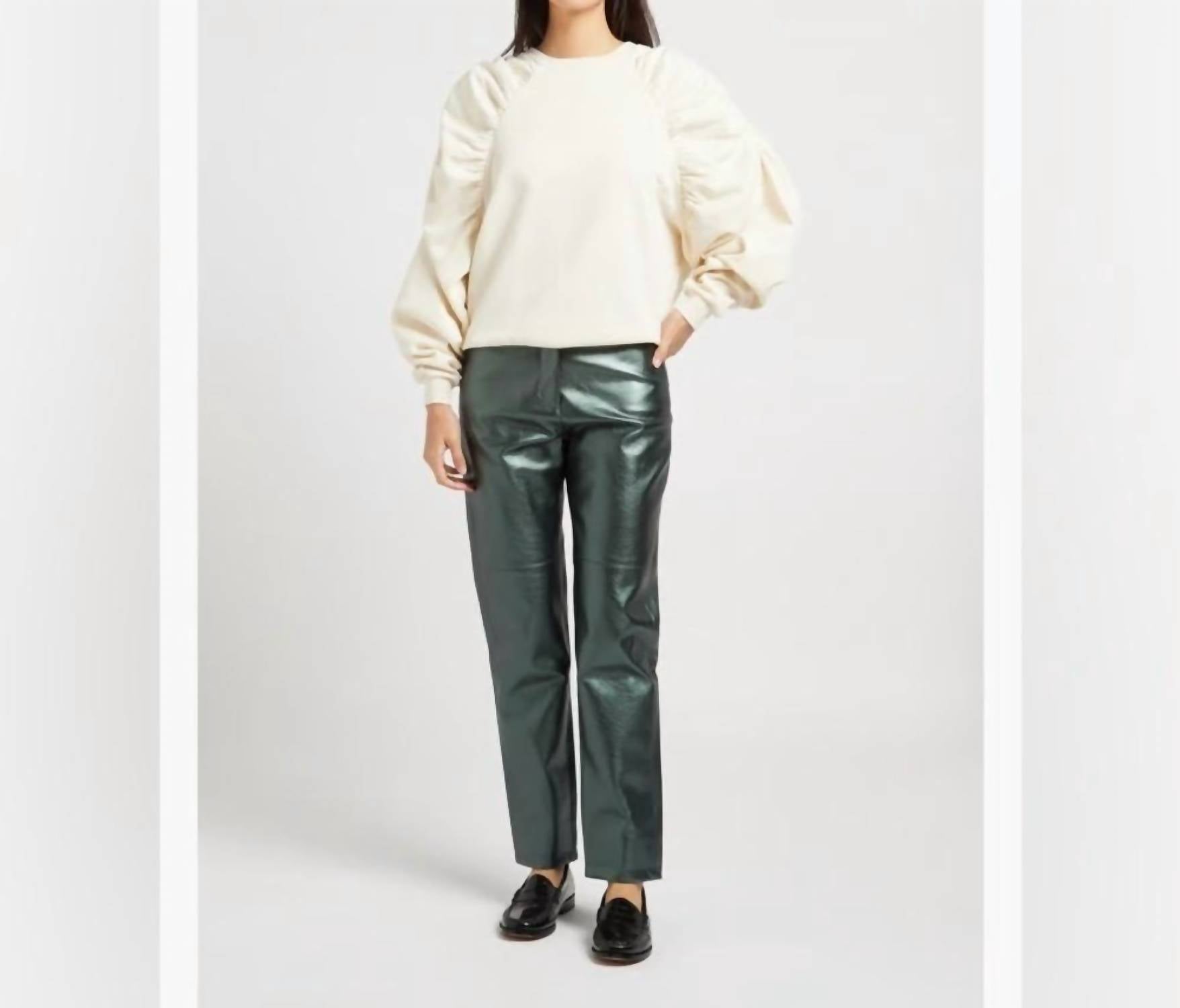 The Label Edition Women's Marlon Pants in metallic green - women's pants - detail view