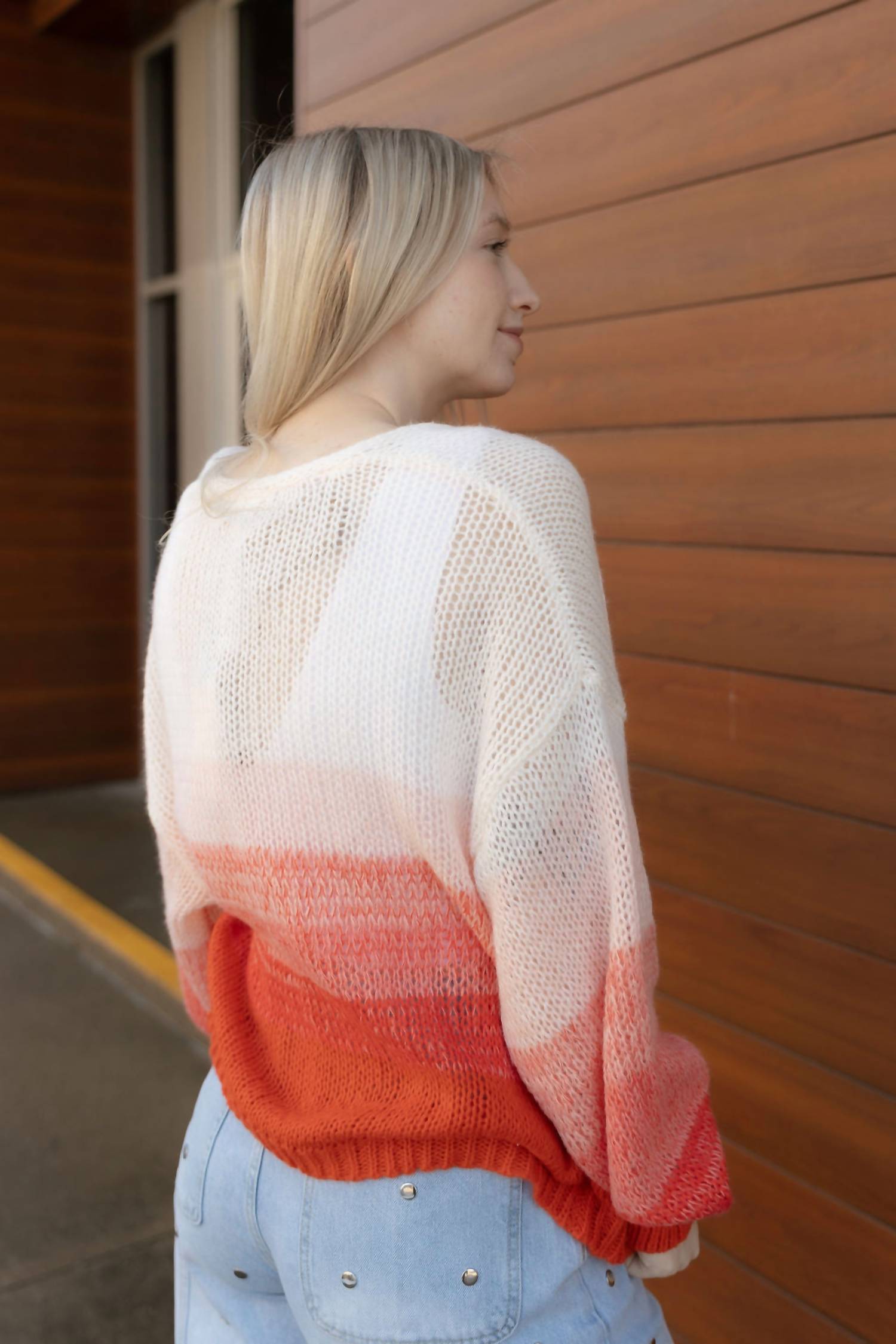 ELAN Open Knit Cardigan Sweater Top in red ombre - women's cardigan - detail view