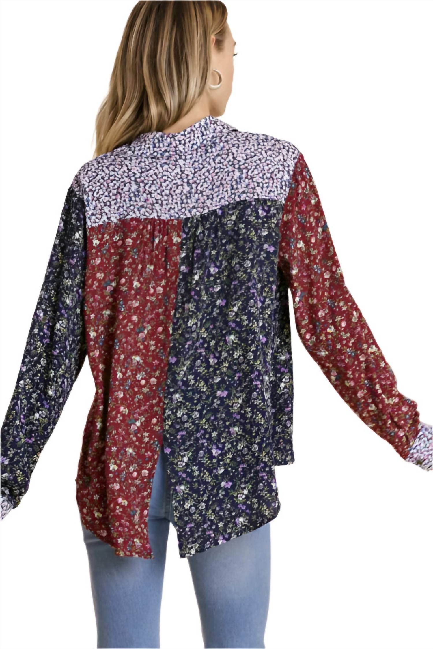 Umgee - Mixed Floral Roll Tab Shirt