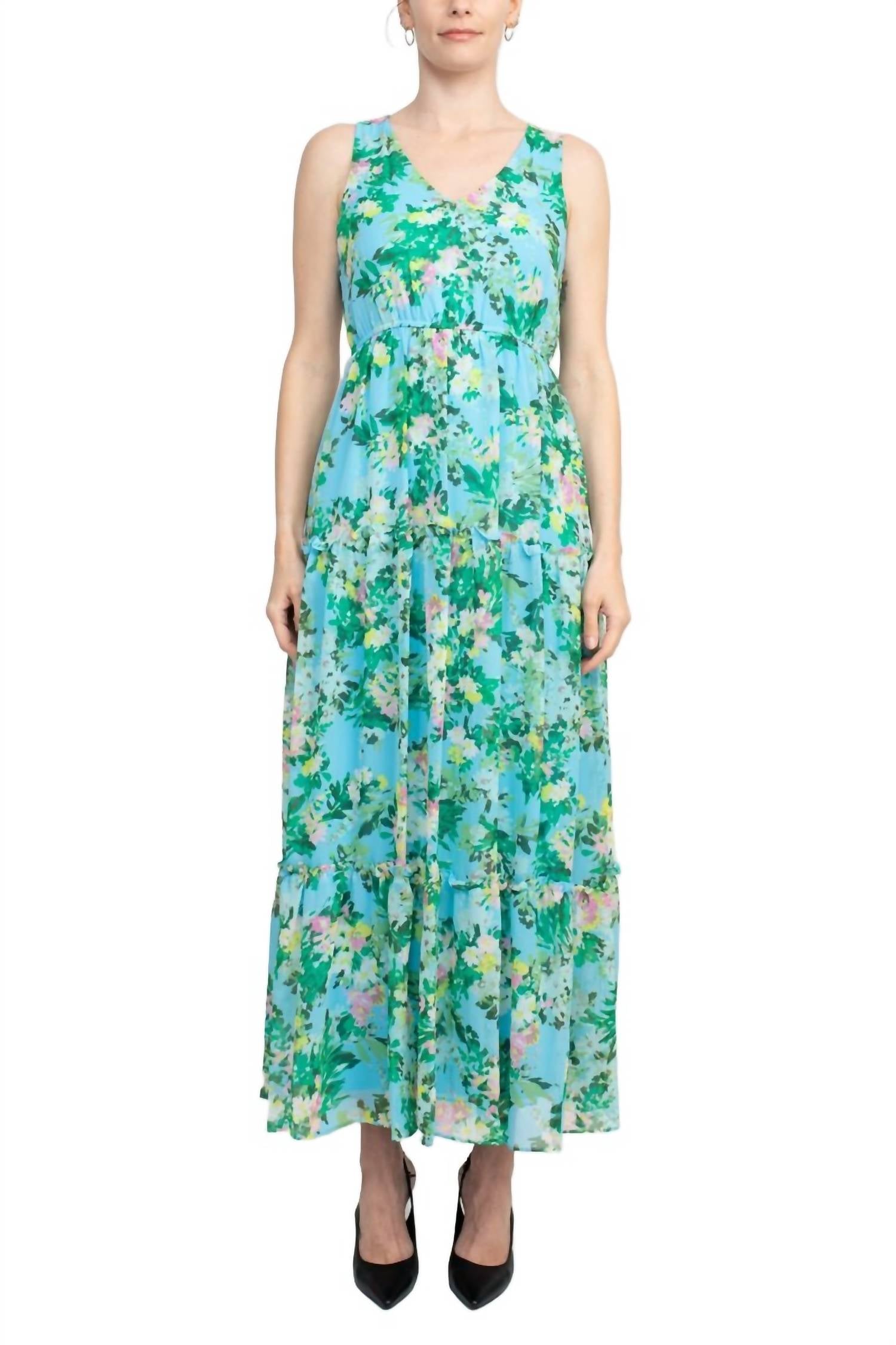 Maison Tara - V Neck 3/4 Sleeve Floral Midi Dress With Matching Chiffon Jacket Set