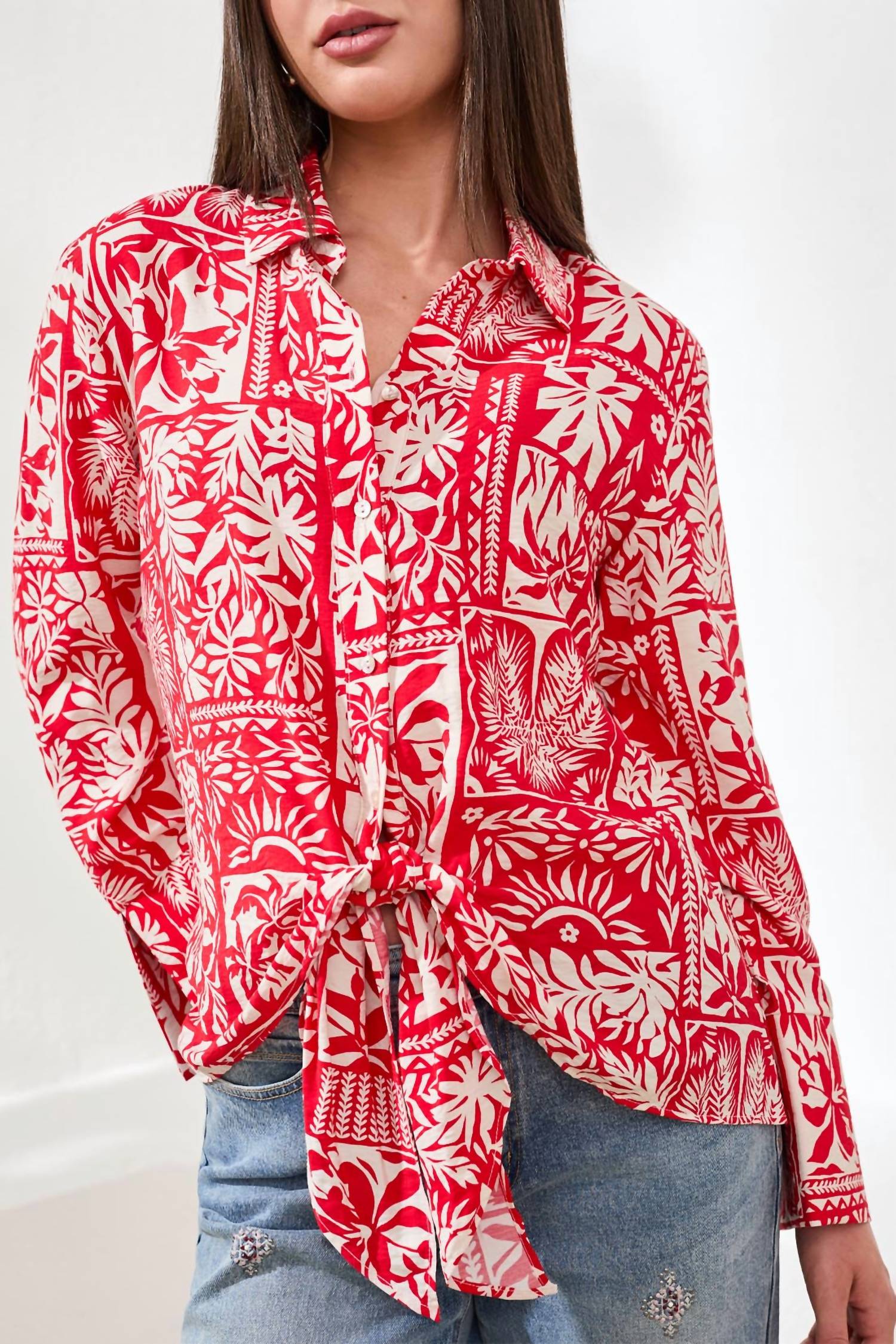Tribal - LONG SLEEVE BLOUSE WITH TIE FRONT