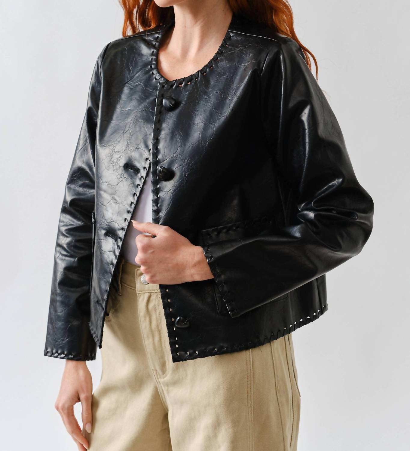 Aaron & Amber - Whipstitch Faux Leather Jacket
