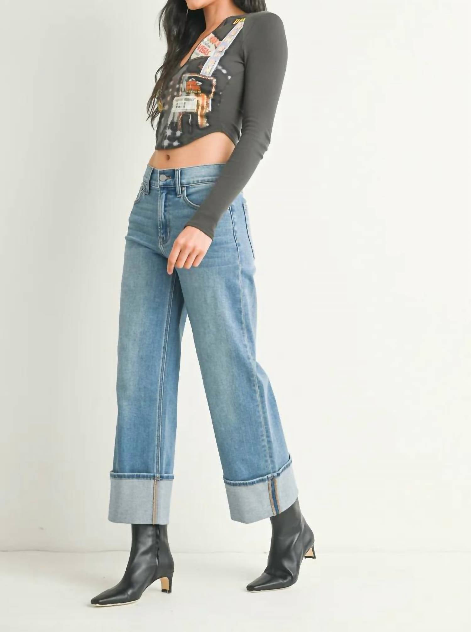 Just Black Denim - Cuffed Slim Wide Jean - Petite