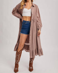 BluIvy Ruffled Midi Open Duster Shirt Dress in mauve - women's dress - view 5